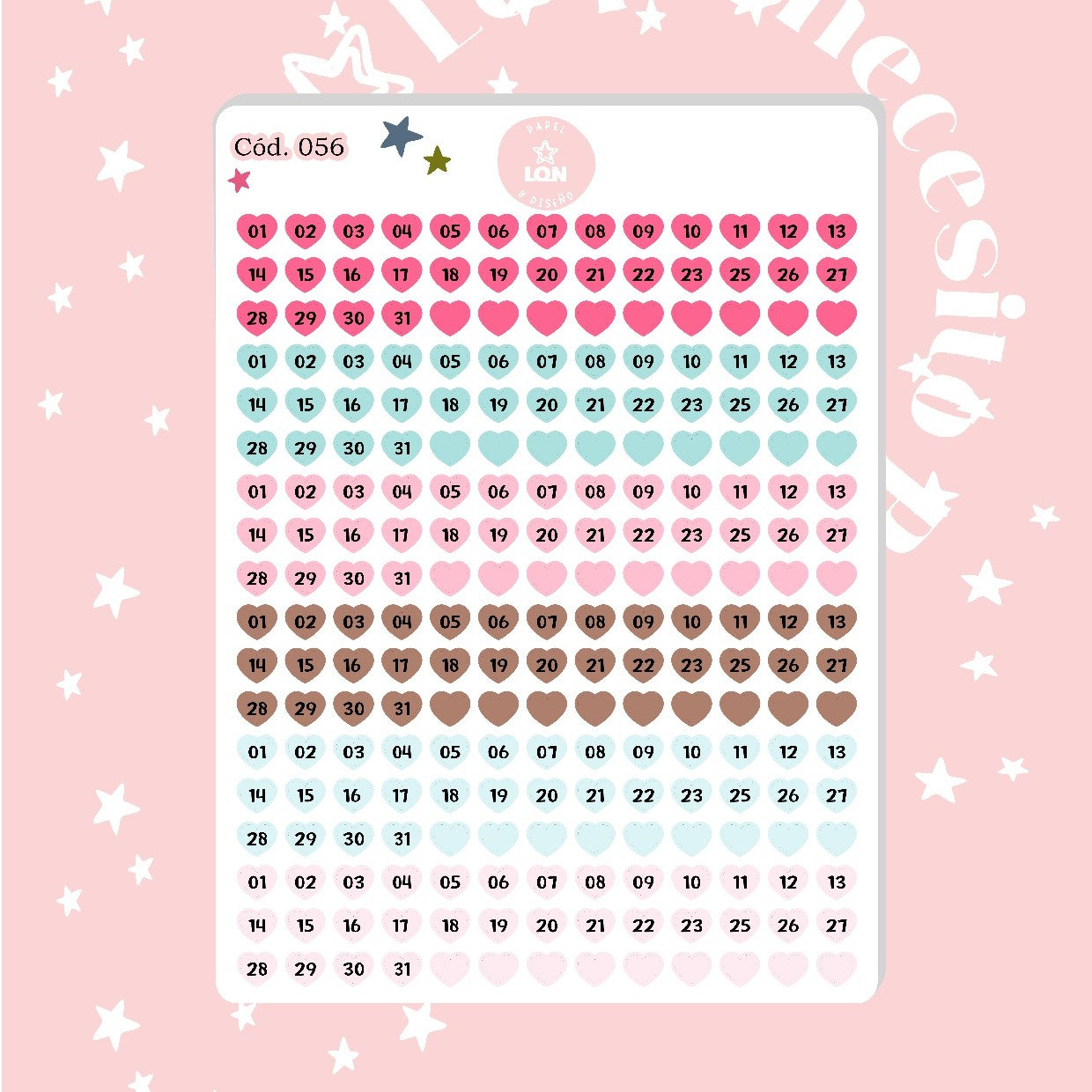 Sticker números meses días de la semana corazón