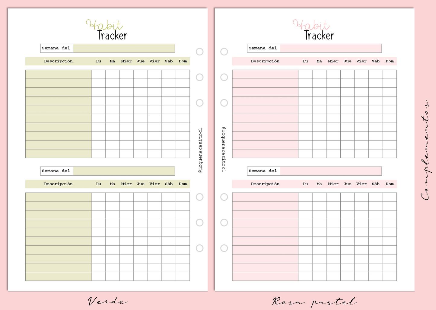Insert A5 Habit tracker (Seguimiento de hábitos)