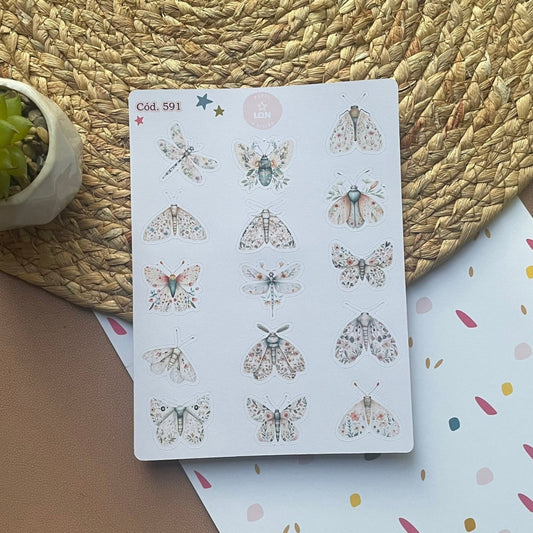 Sticker botánico bichito mariposa escarabajo