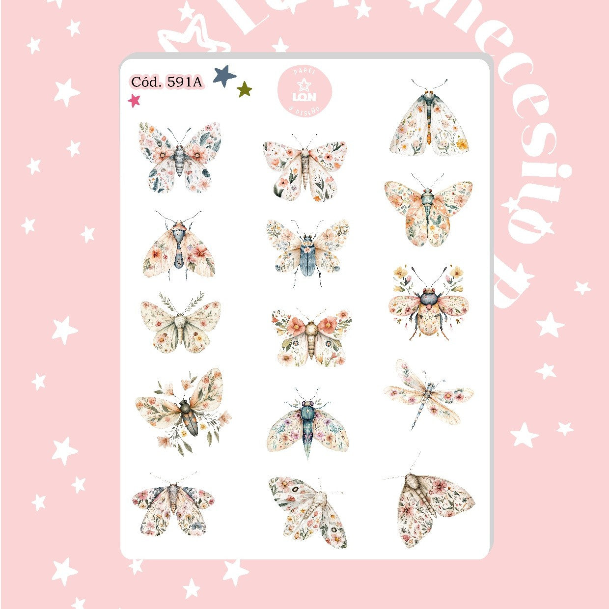 Sticker botánico bichito mariposa escarabajo
