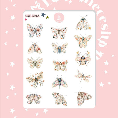 Sticker botánico bichito mariposa escarabajo