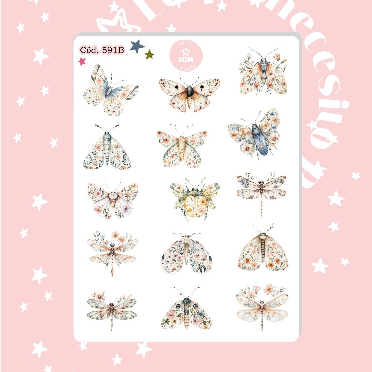 Sticker botánico bichito mariposa escarabajo