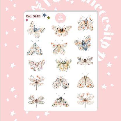 Sticker botánico bichito mariposa escarabajo