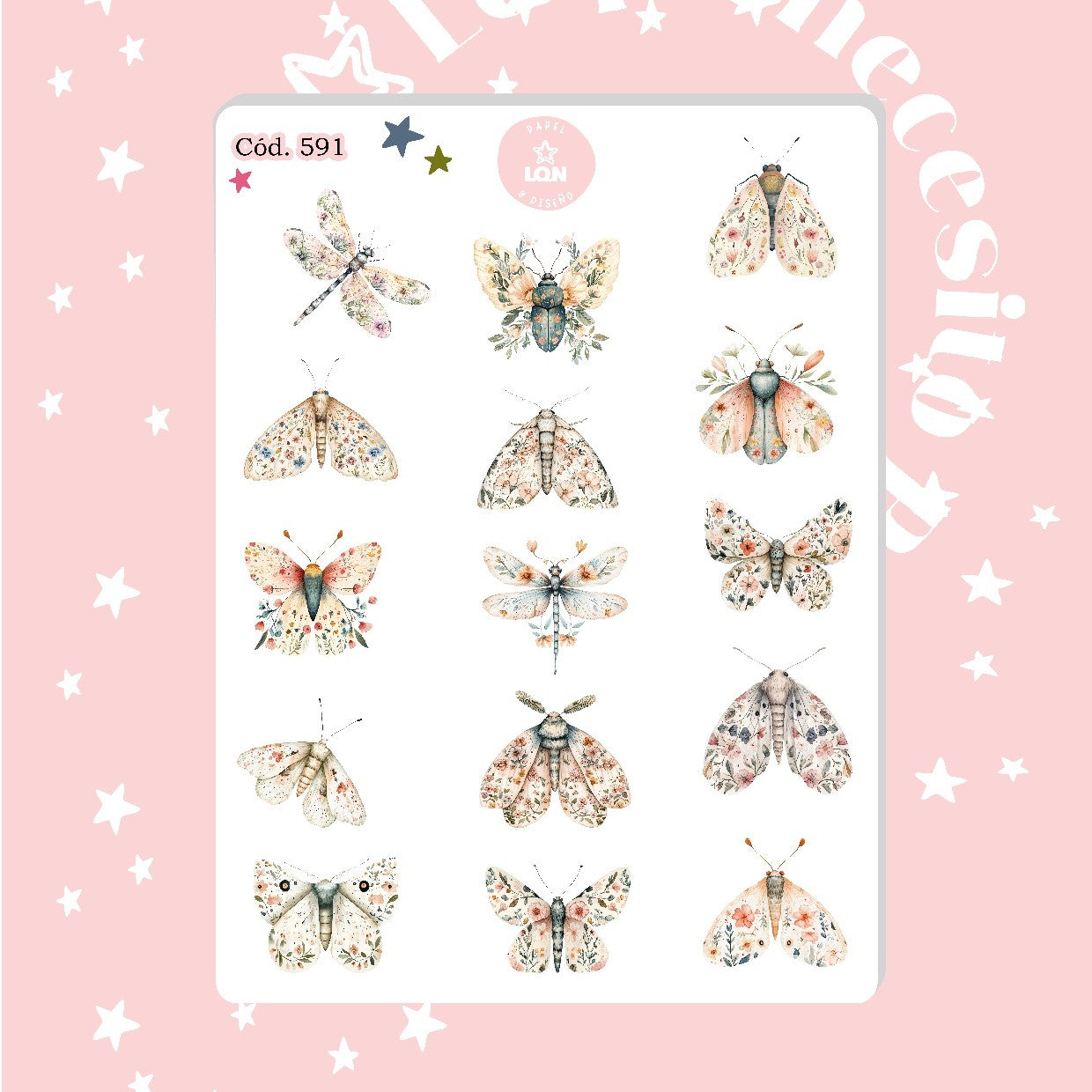 Sticker botánico bichito mariposa escarabajo