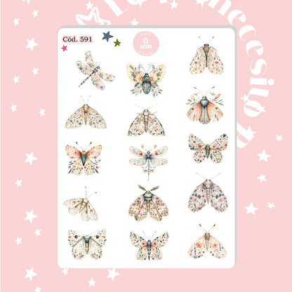 Sticker botánico bichito mariposa escarabajo